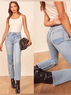 Reformation Jeans High Rise Patchwork Straight Leg Light Wash Size 24
